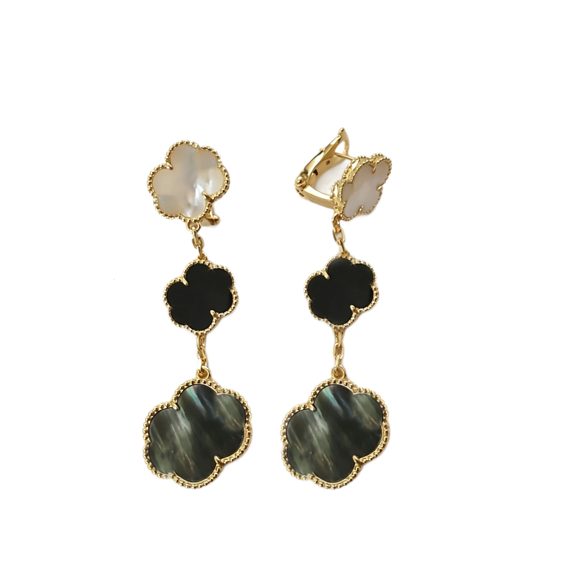 Designer Jewelry vanly Stylish three-leaf clover earrings with mother-of-pearl and black onyx accents, a luxurious French-style long earring for wom