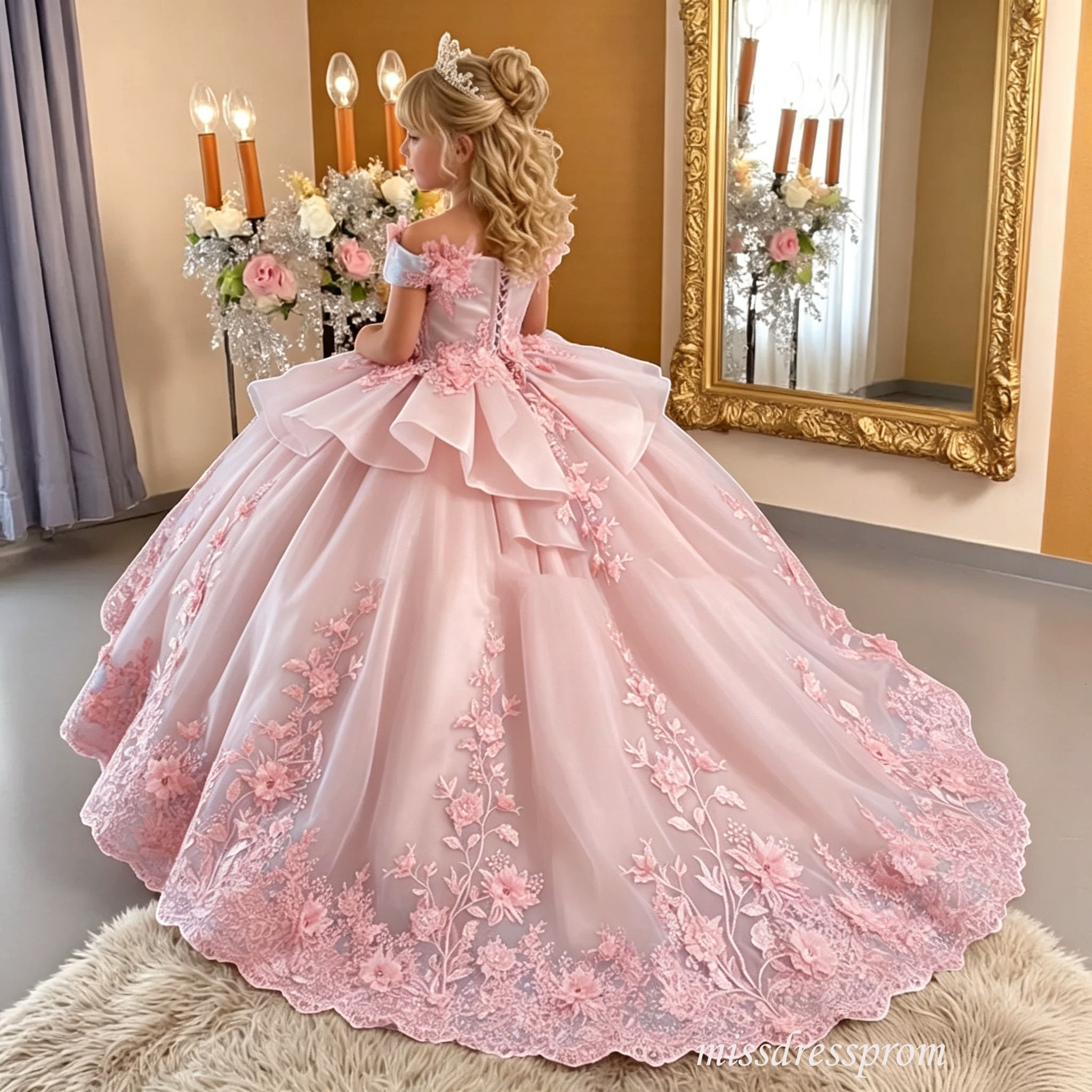 Tulle Tiered Flower Girl Dress for Wedding Kids Off the Shoulder Ball Gown Appliques Birthday First Communion Dress Custom Made