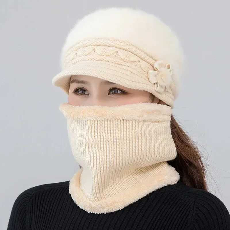 Beanie/Skull Caps 2024 Hot Women Winter Hat Keep Warm Cap Fur Lined Hat And Scarf Set Warm Hats For Female Casual Rabbit Fur Winter Knitted Hat Q261
