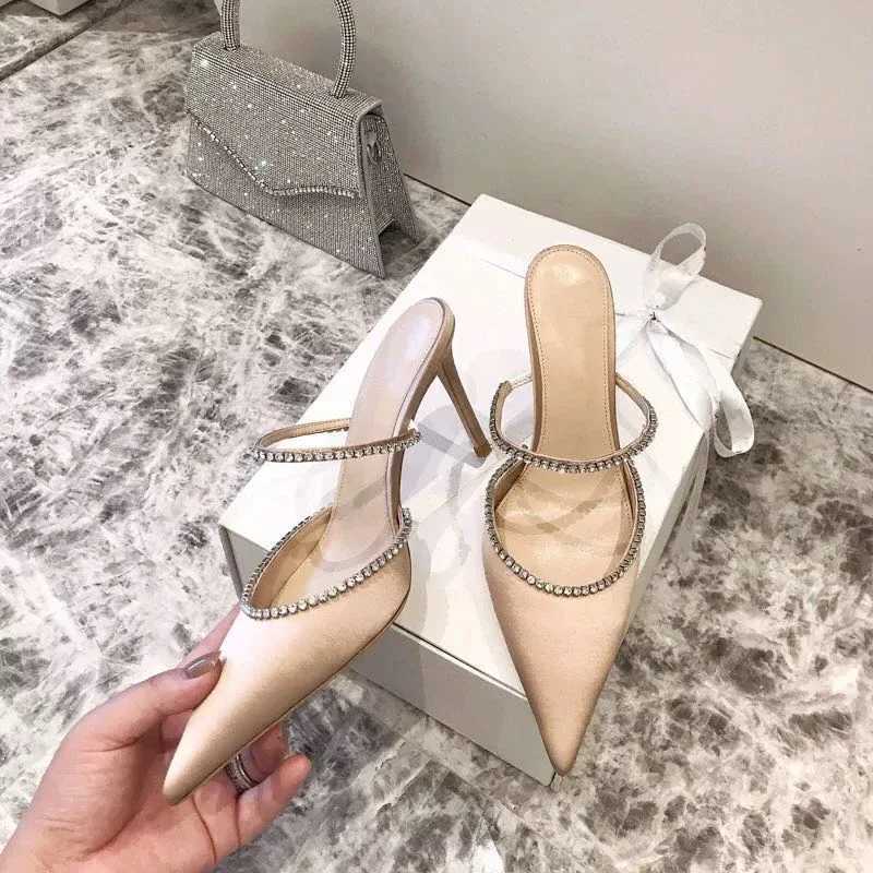 2025 Summer New Female Muller Baotou Back Empty Women's Shoes Pointed Toe Rhinestone High-heeled Slippers Pump Shoes Women Q261015