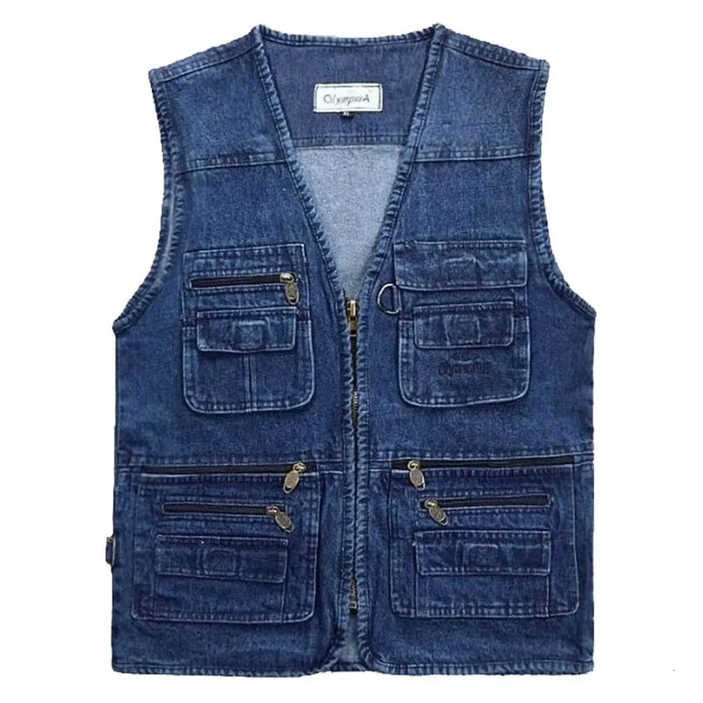 Big Size V-Neck Classic Multi Denim Work Vest Mens Solid Casual Waistcoat with Many Pockets Fishing Vest Sleeveless Jacket 261015