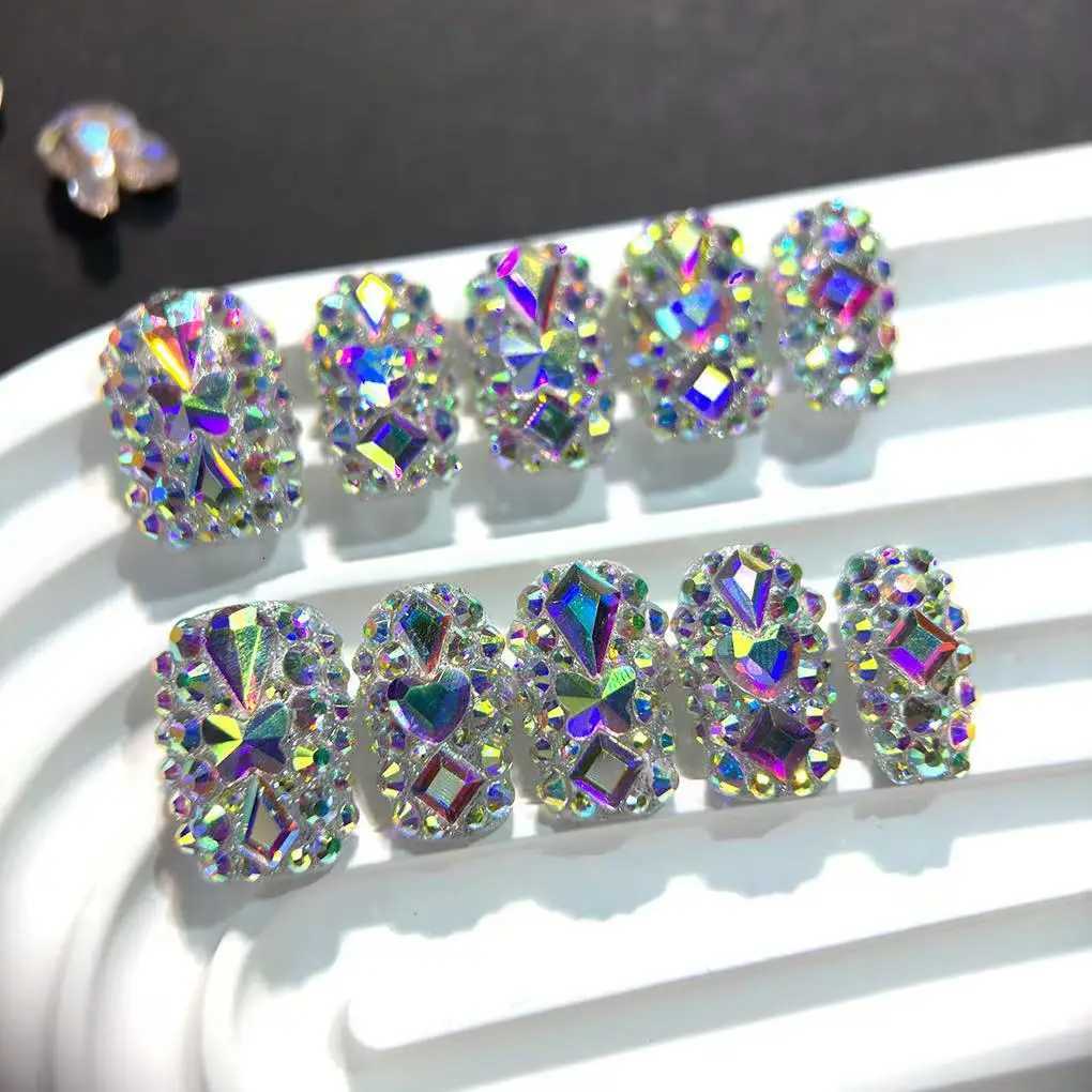 False Nails 10pcs High-end AB Full of colorful diamonds handmade fake nails Light luxury short and eye-catching nail art Q261017