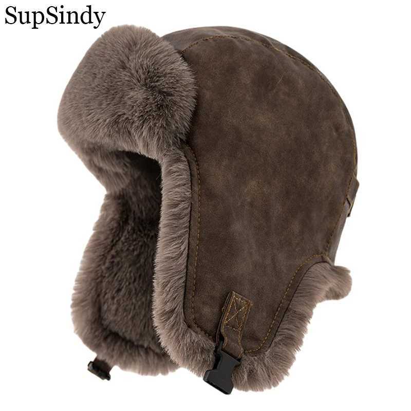 Trapper Hats SupSindy Men Winter Bomber Hat Outdoor Motorcycle Windproof Thicken Warm Faux Fur Pilot Earflap Hat Leather Thermal UshankaT261017