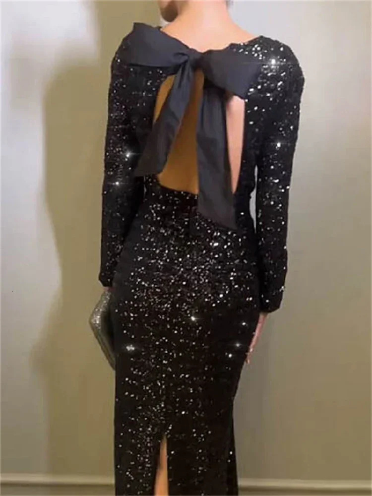 Tee Bow Sequin Slim Maxi Dress For Women Backless Split Glitter Elegant Club Fashion Party Dress Ladies Long Sleeve Dress 261016