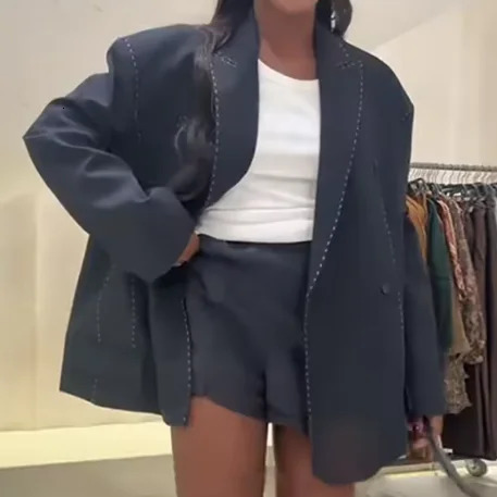 Solid Dark Navy Double Breasted Blazer Contrast Stitch Notched Lapel Loose Long Sleeve Women Business Casual Suit Jacket 260602 261017