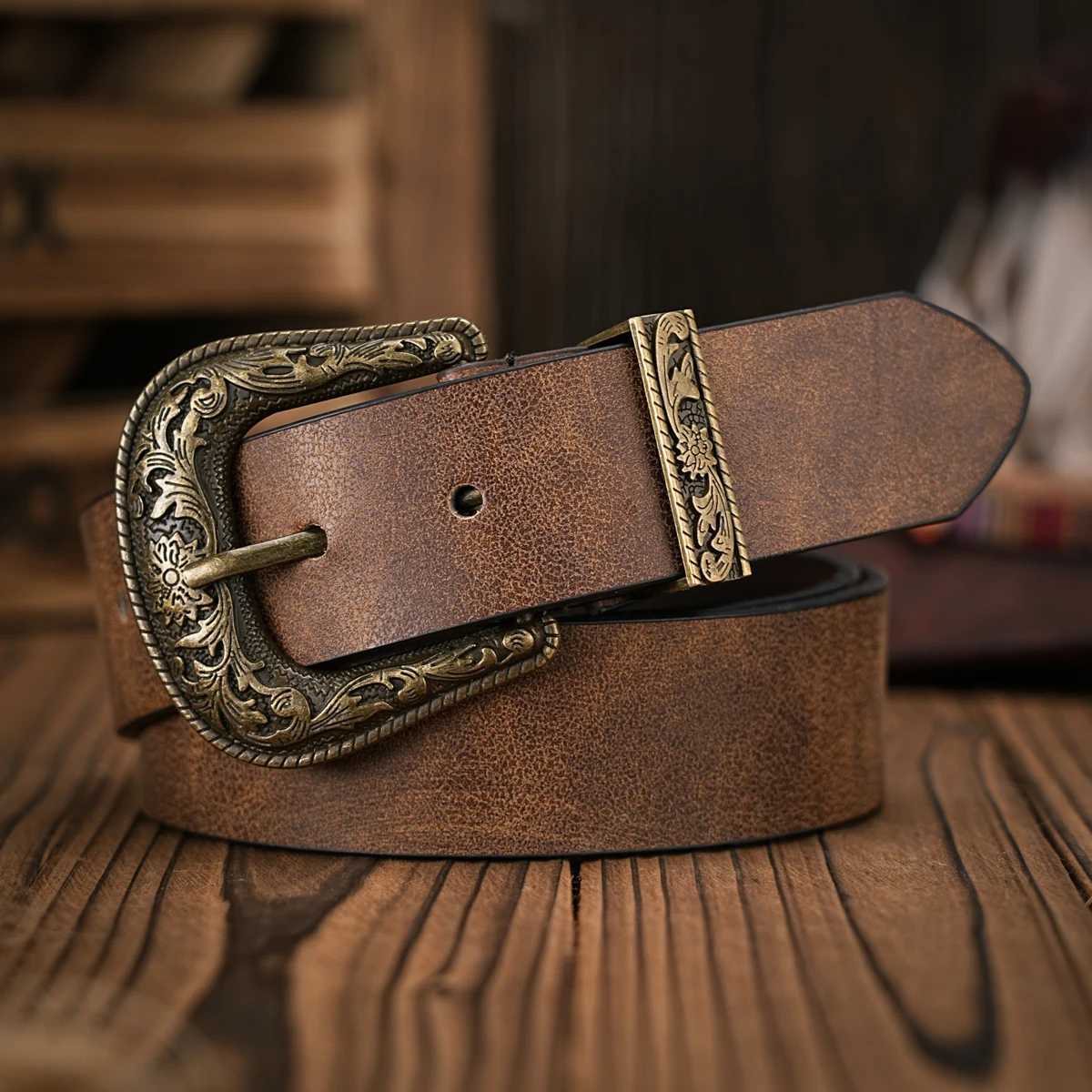 Men - Women - Western Denim - PU Leather - Belt - Vintage Jeans with Floral Carved Buckle Belt S261017SXVF