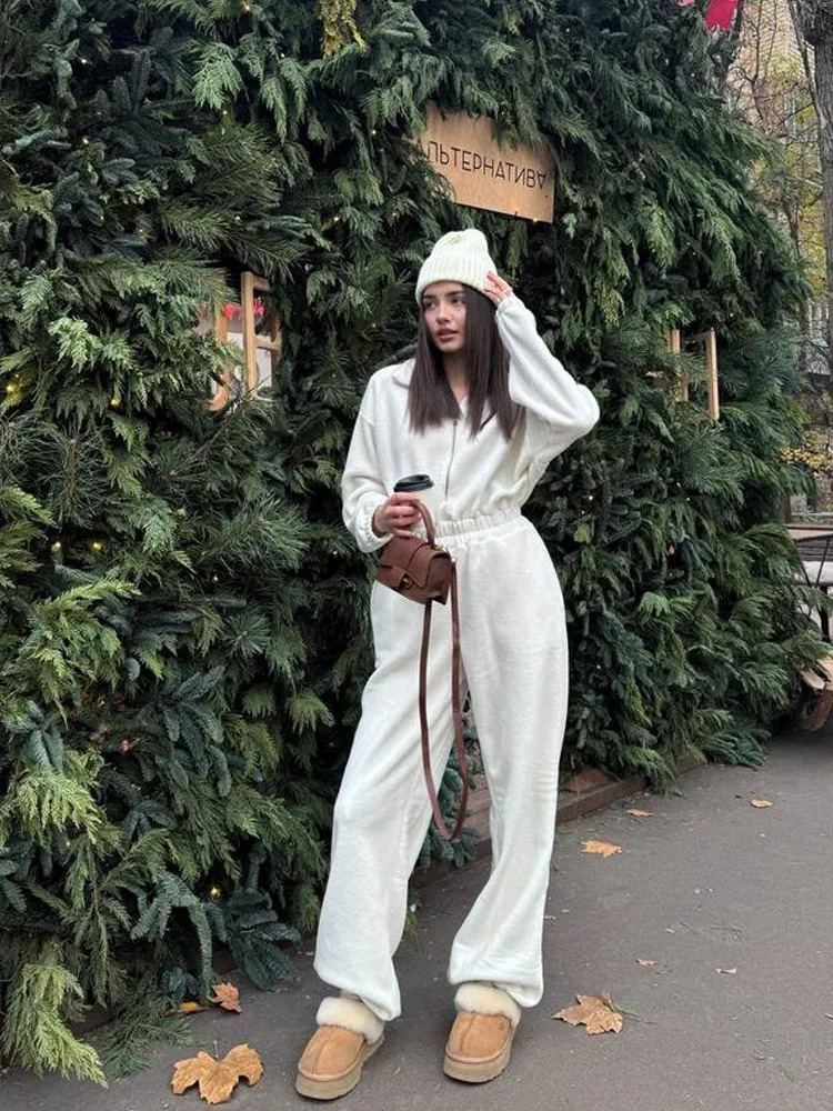 Zekye Women's Fleece Zip Up Collared Jumpsuit Elastic Waist Loose Fit Long Sleeve Casual Winter One Piece Outfit Multiple Colors 261016