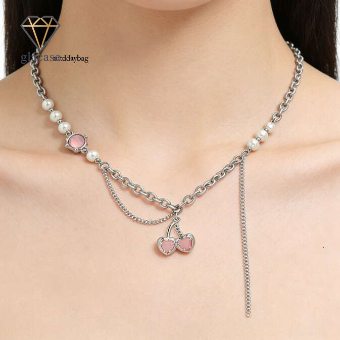 Pink Cherry Necklace Hot Girl Sweet Cool Style Pearl Metal Splicing Choker Female Niche Design High-end Sense Collarbone Chain