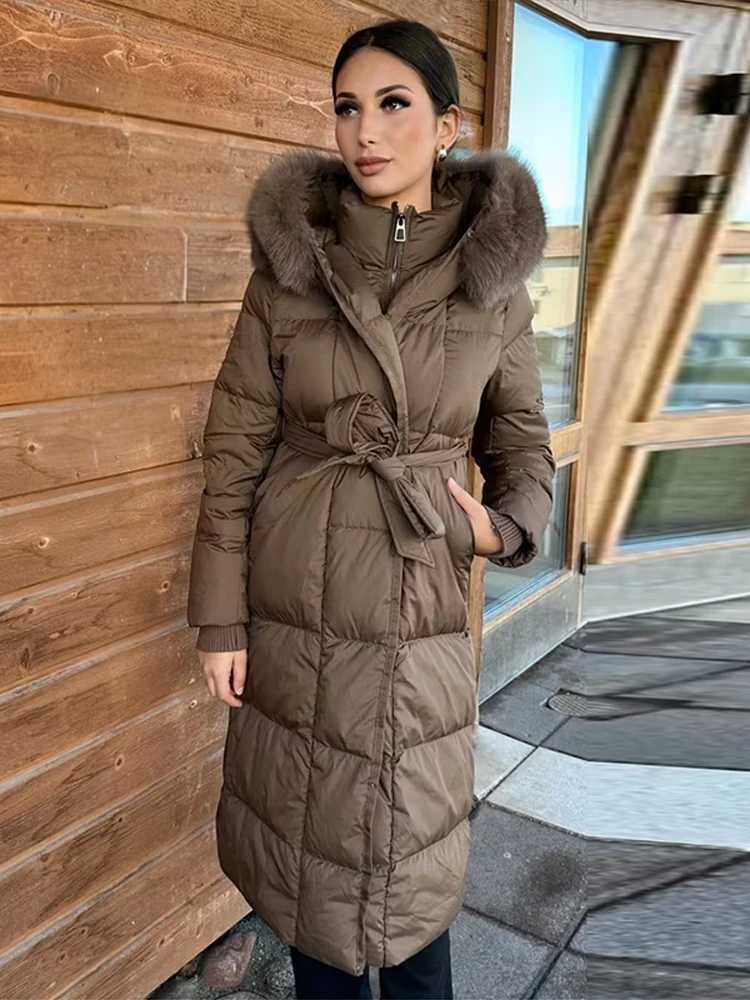 Women's Down Parkas Elegant Lace Up Women's Thicken Cotton Jacket Hooded Faux Fur Collar Zipper Long Coats Lady 2026 Winter Female Street
