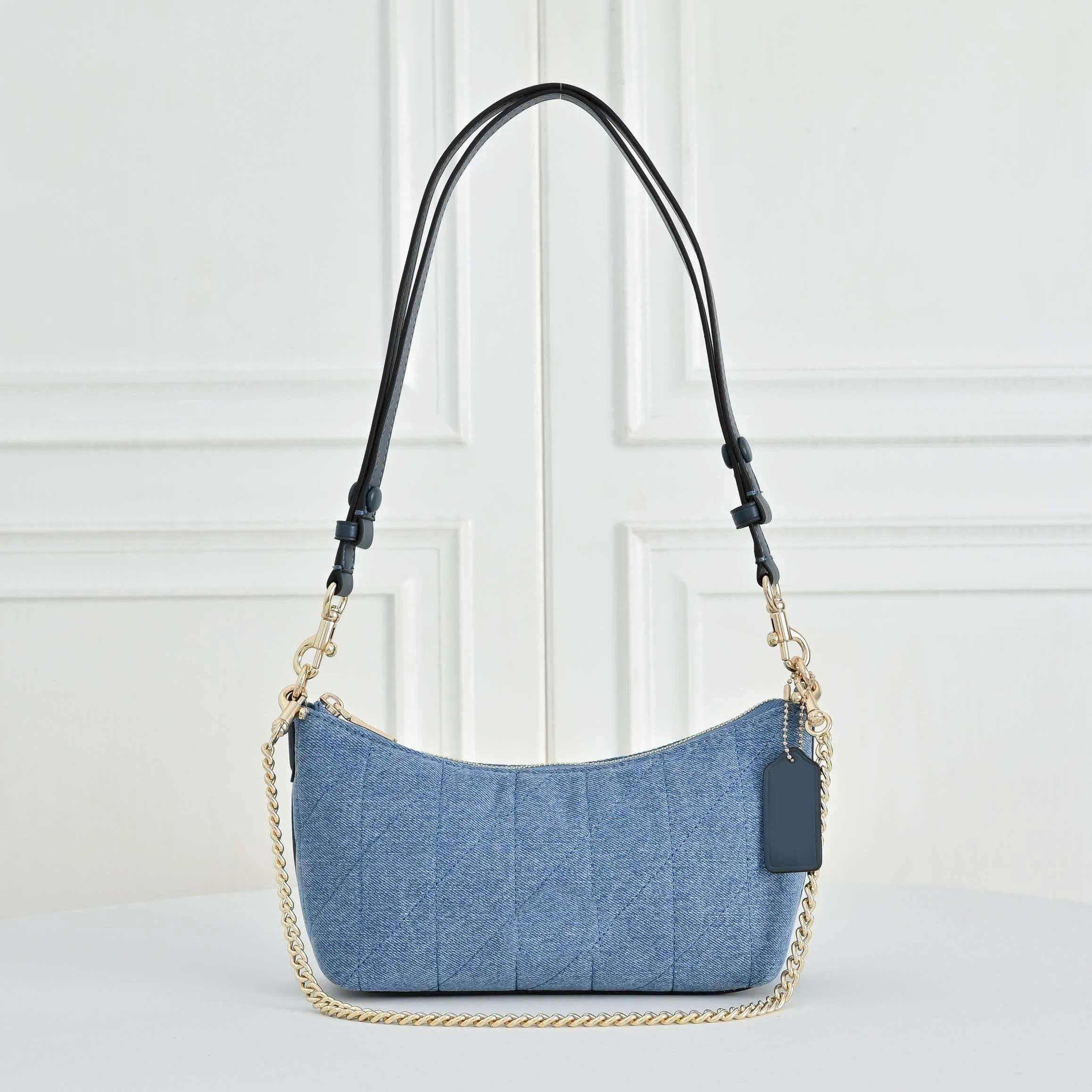 New Designer Quilted Denim Hobo Bags Thread Line Calf Leather Shoulder Bag Silver Hardware Label Chain Baguette Bag Women Luxury Daily Handbags Summ