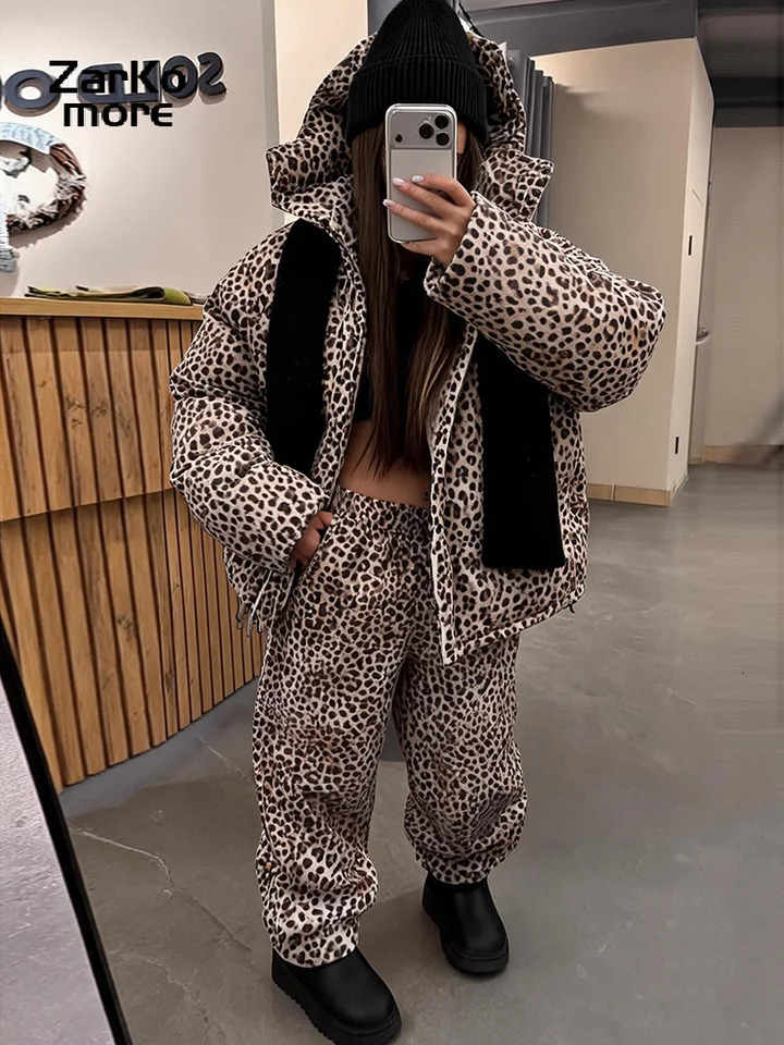 Street Women's Leopard Printed Cotton Pants Set Loose Hooded Full Sleeve Padded Jacket Elastic Waist Pant 2026 Winter Lady Suits 261015