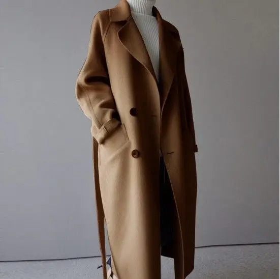 Women Autumn Winter Korean Style Long Coat Loose Over Knee Waist Tie Belt Elegant Fashion Overcoat Outerwear 261016
