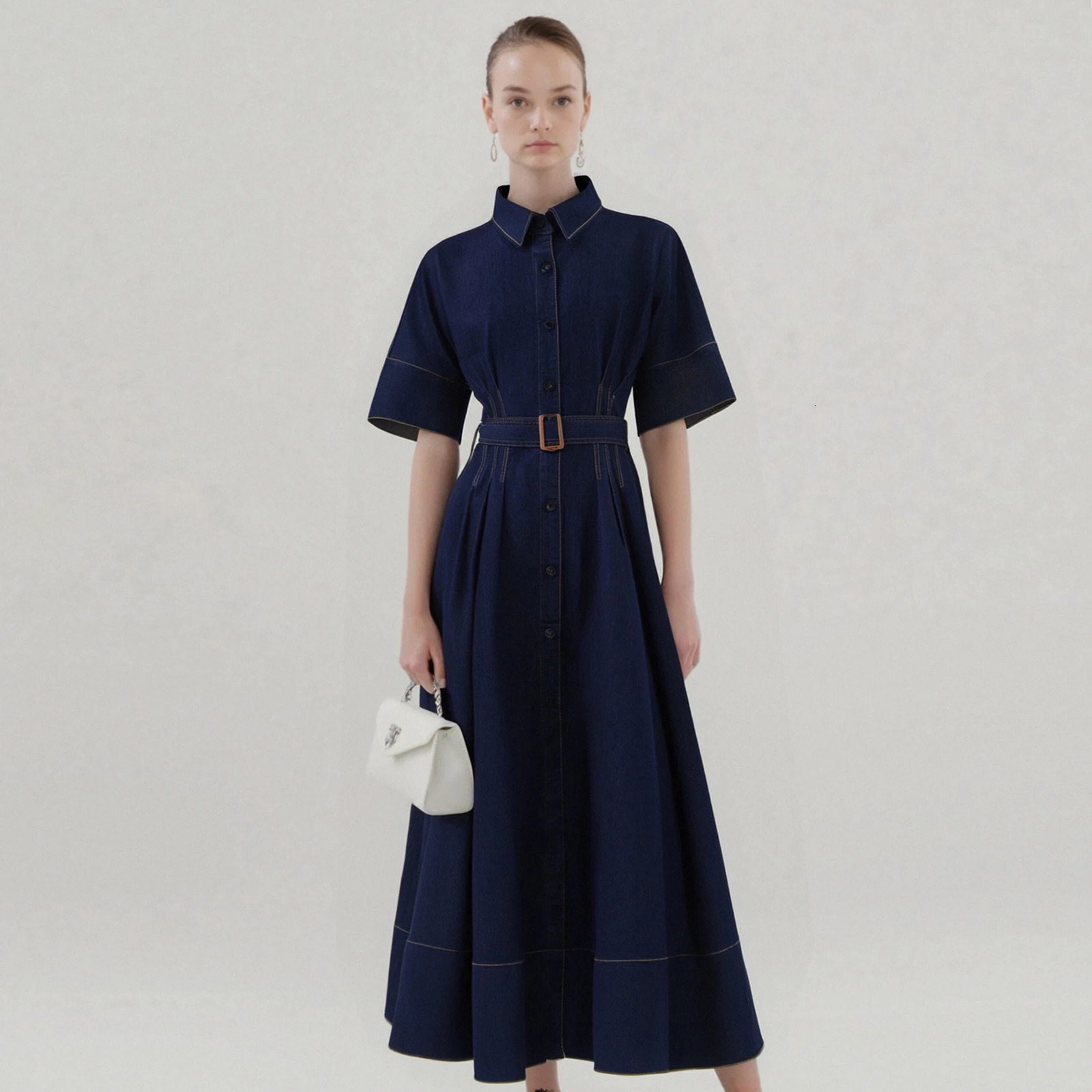 Women's Denim Long Dress 2025 Autumn Texture navy blue Business 261015