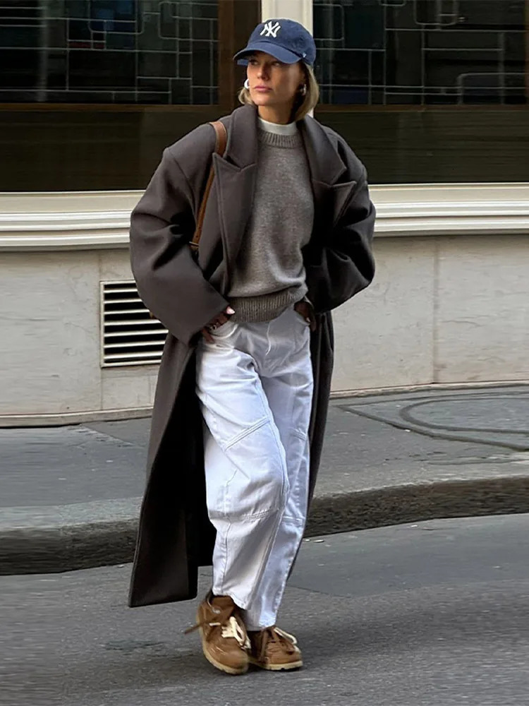 Autumn Winter Urban Women Wool Coat Elegant Full Sleeve Loose Lapel Doube-Breasted Female Long Coats Lady Streetwear 261016