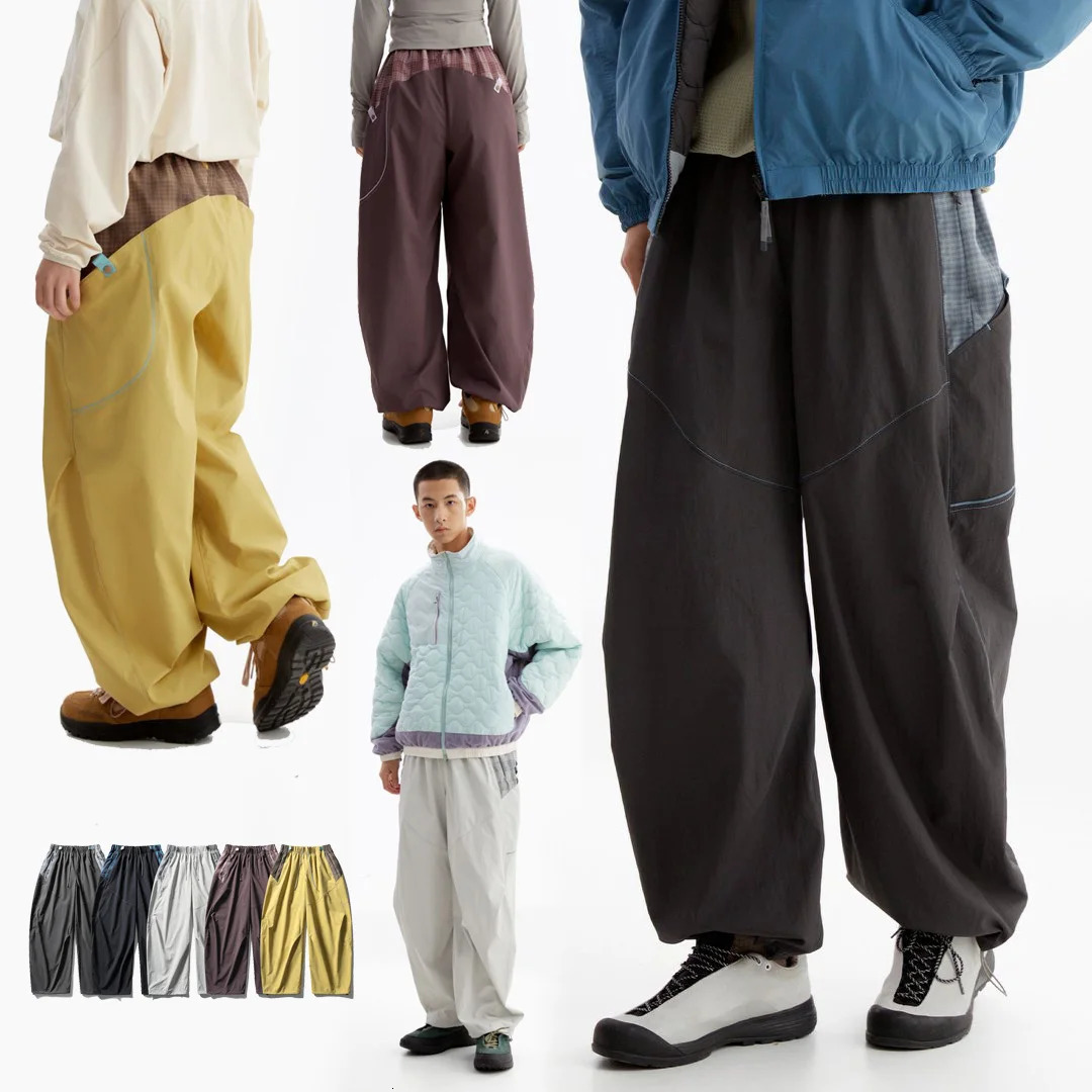 Splice Plaid Wide Leg Casual Sport Baggy Pant Men Women Outdoor Waterproof Hiking Loose City Walk Track Cargo Pants Trousers 261017