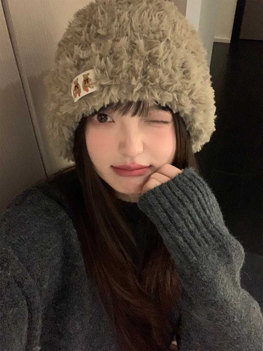 Beanie/Skull Caps Cute Little Bear Plush Hat For Girls New Autumn And Winter 2025 Thickened Warm Woolen Hat Ear-Covering Slimming Knitted Hat Q26101
