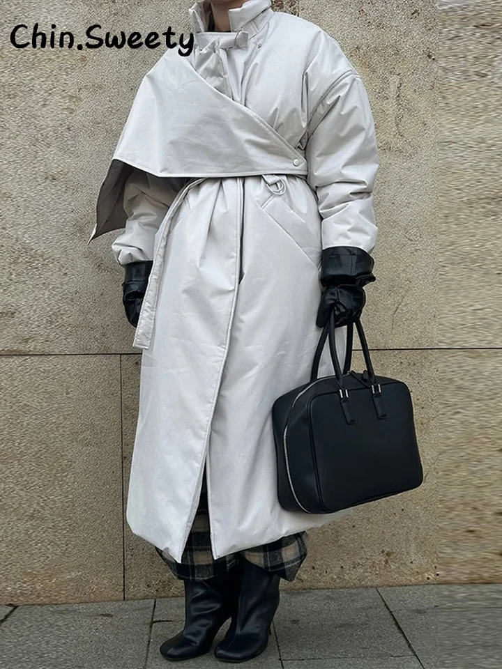 Fashion Womens Shawl Belt Long Cotton Padded Coat Stand Collar Lace Up Zipper Full Sleeve Coats 2026 Winter Lady Warm Jacket 261016