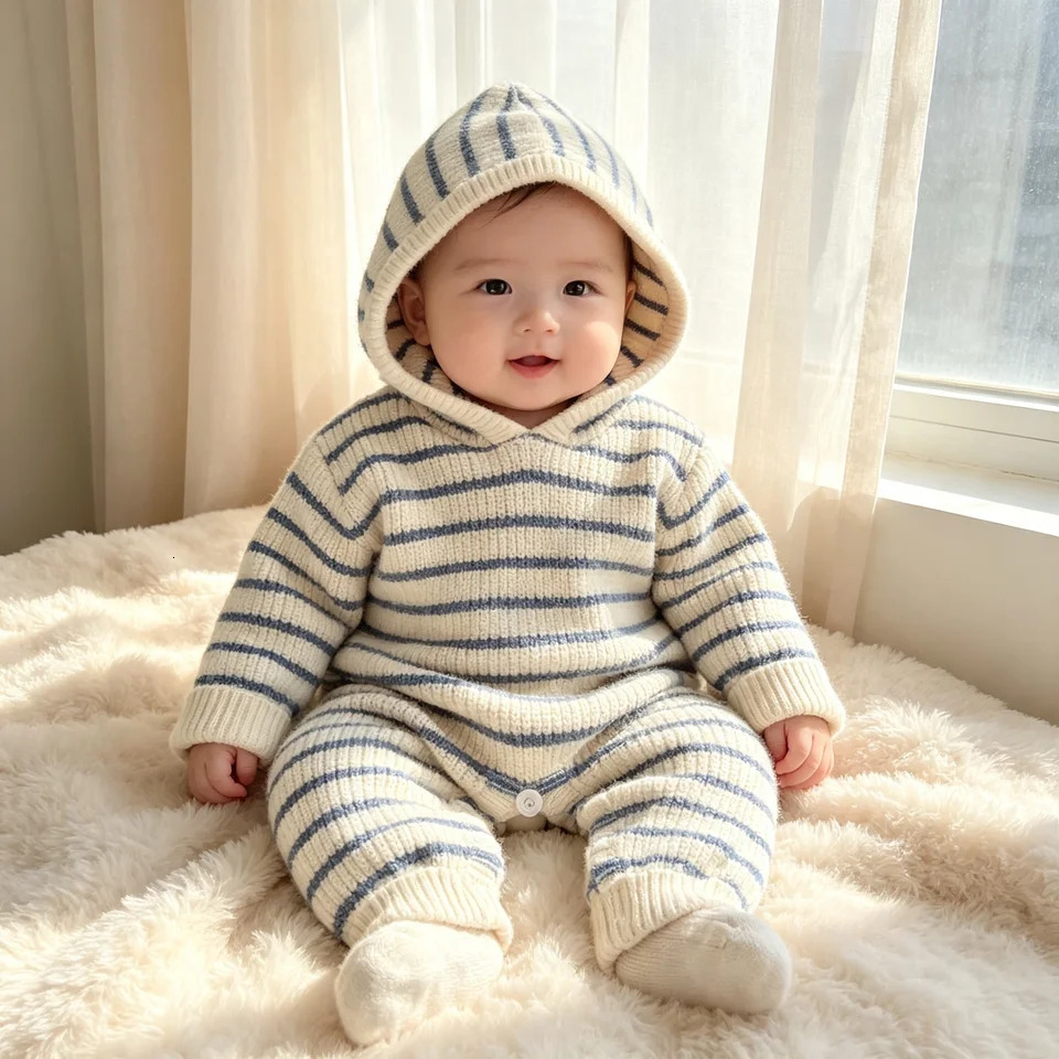 0-24M Ins Baby Boys Girls Clothing Korean Style Fashion Casual Soft Comfortable Knitwear Top Winter Thick Striped Romper 261015