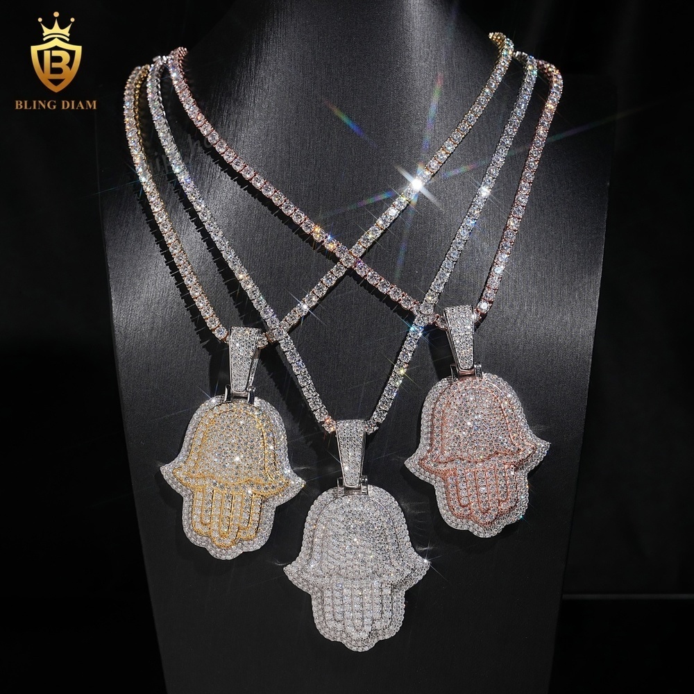 925 Sterling Silver Hand of Fatima Hamsa Hand Moissanite Pendant Hip Hop Charm for Men Pass Diamond Tester