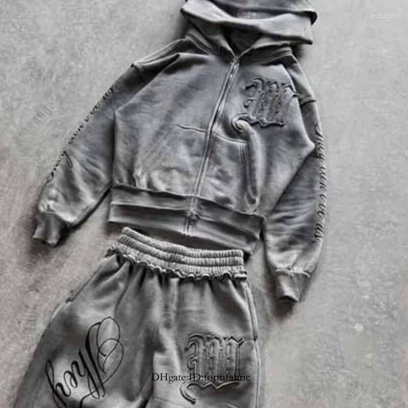 Men's Hoodies Grey Distressed Embroidery Tracksuit Set Women's Streetwear Oversized Hoodie Pants Edgy Casual Two Piece Outfit
