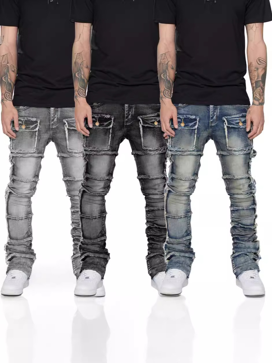 Men Straight Leg Cargo Jeans Elastic Patchwork Layered Flared Denim Pants Ins Trend European American Fashion Casual Street Style Daily Wear Versati
