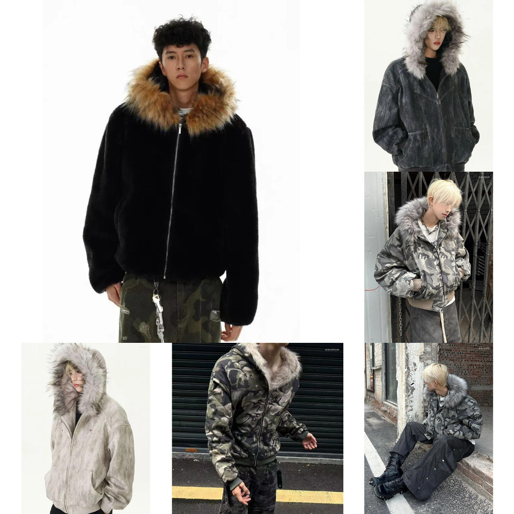 2026 Men's Jackets American Winter Camouflage Fur Hooded Jacket Men Outerwear Thick Short Parkas Coat Faux Collar Casual Aesthetic Retro