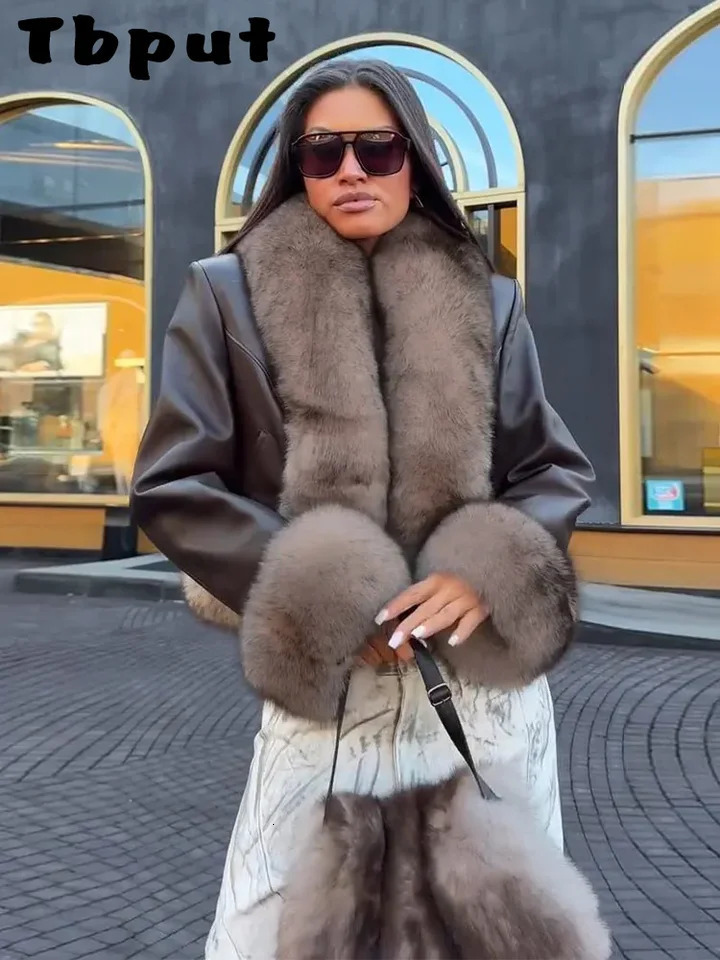 Elegant Faux Fur Patchwork Women's Pu Jacket Thicken Lady Short Coats Autumn Winter Fashion Female Street Outerwear 261016