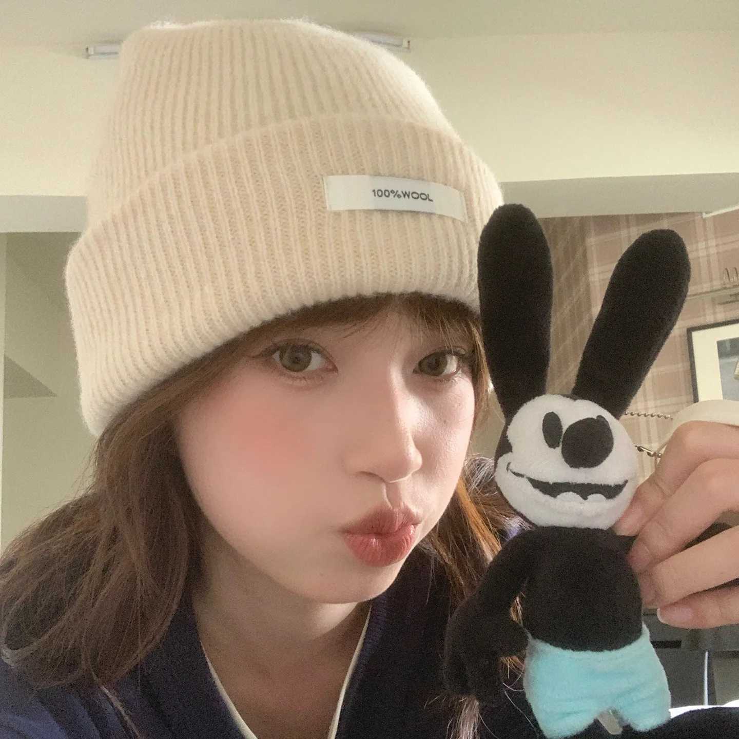 Beanie/Skull Caps New 100 wool knitted hat women's autumn and winter big head circumference warm face small solid color casual dome shopping wo