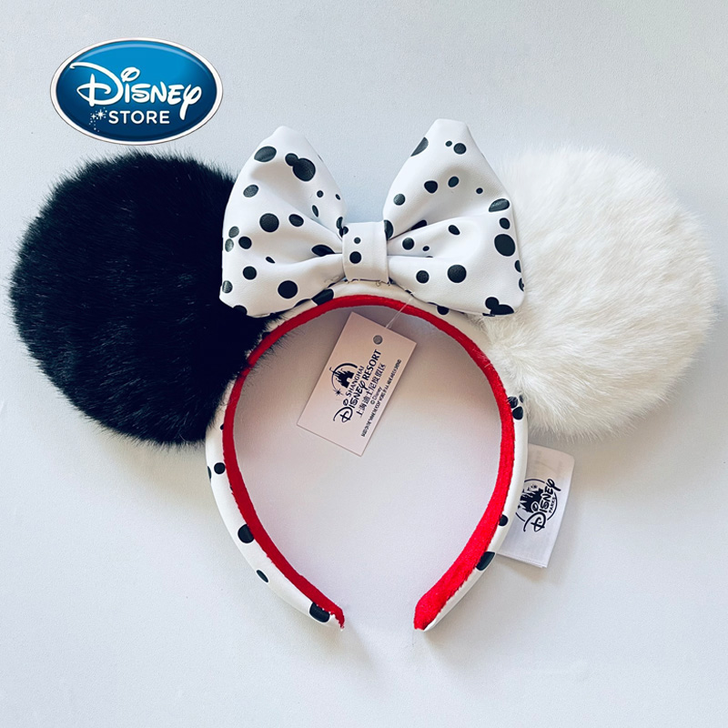 Disney 101 Dalmatians Cruella Minnie Mickey Ears Headband Black & White Furry Ears With Polka Dot Bow Theme Park Cosplay Hair Accessory For Women Gi
