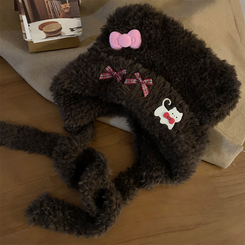 Cute Bear Cat Bowknot Plush for Women, Autumn and Winter Warm Ear Protection Lei Feng Hat, Face Slimming Hat