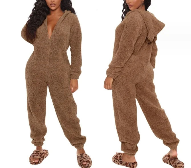 CPSYMYM Jumpsuit Women Autumn Plush Solid Color Casual Long Sleeved Daily Home Zippered Jumpsuit Hooded Pajamas 261016