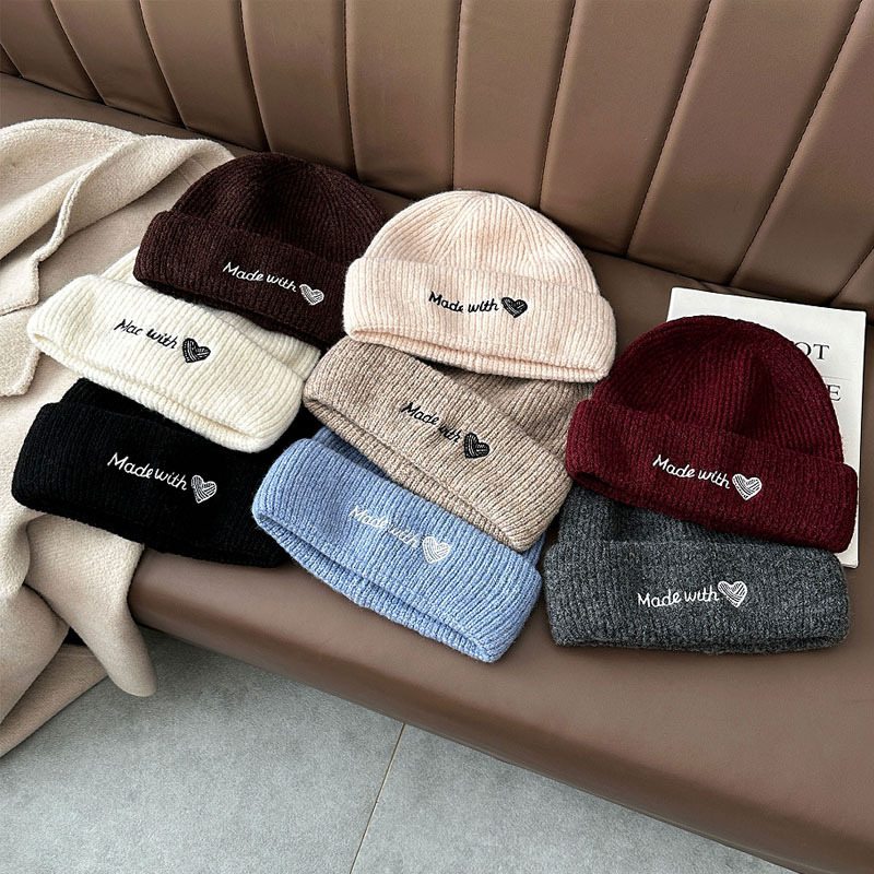 Heartshaped embroidered knitted hat for women autumn and winter warm earcovering wool hat large head circumference outdoor coldproof thickened beani