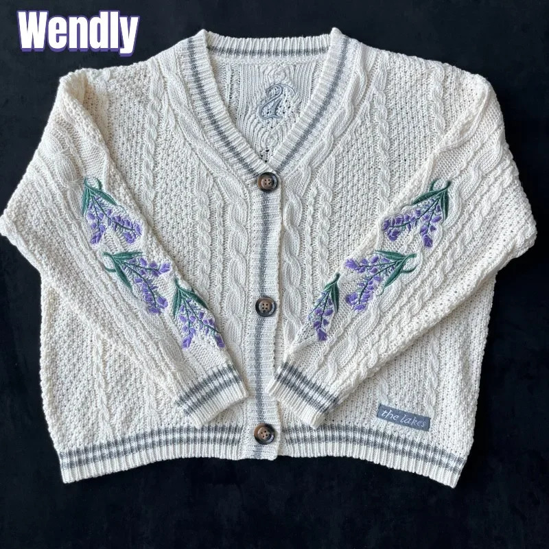 Purple Flowers Cardigan Women Vintage Wisteria Embroidered Knitted Cardigan Female Autumn Winter Sweater Folklore Girl Tops 261015