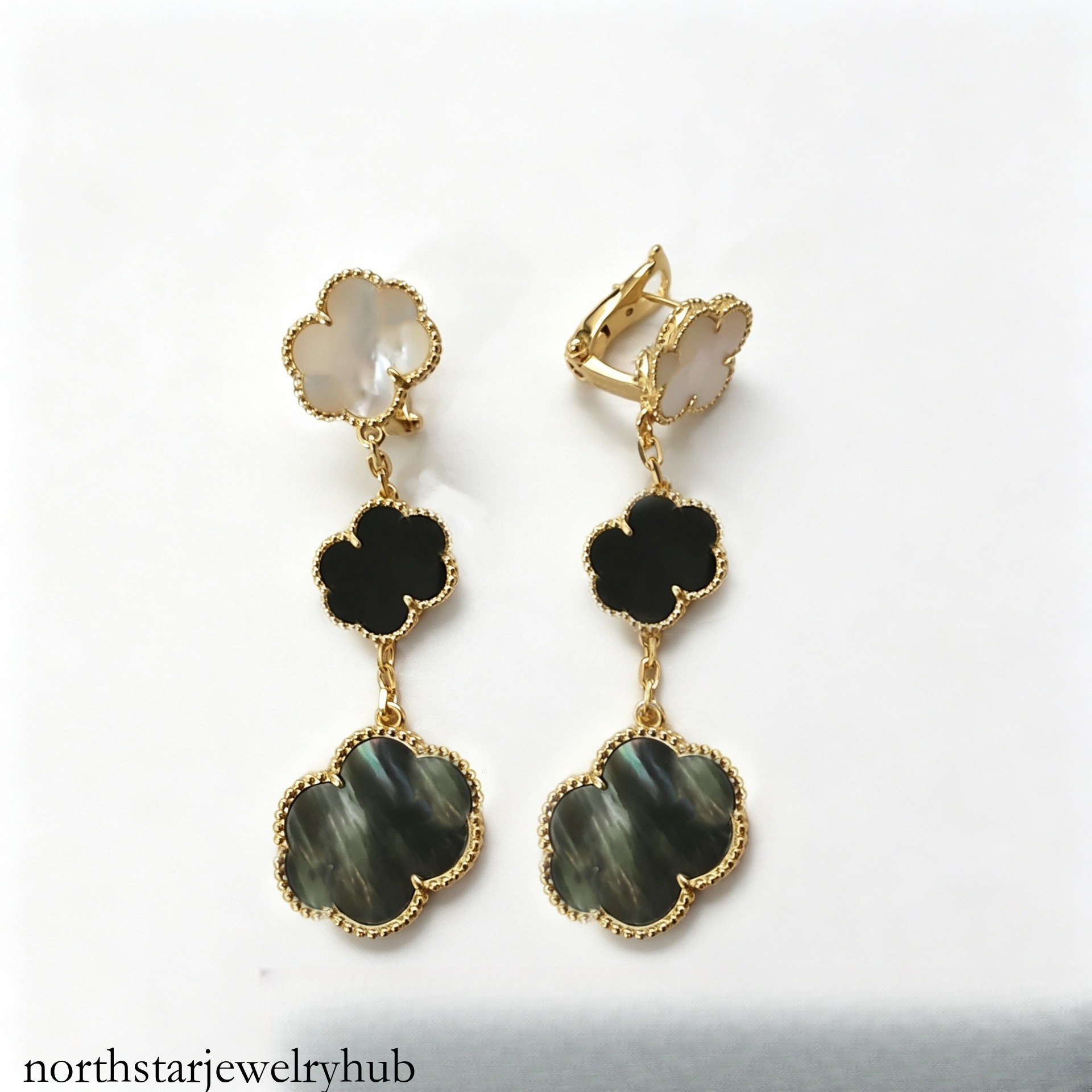 Designer Jewelry vanly Stylish three-leaf clover earrings with mother-of-pearl and black onyx accents, a luxurious French-style long earring for wom