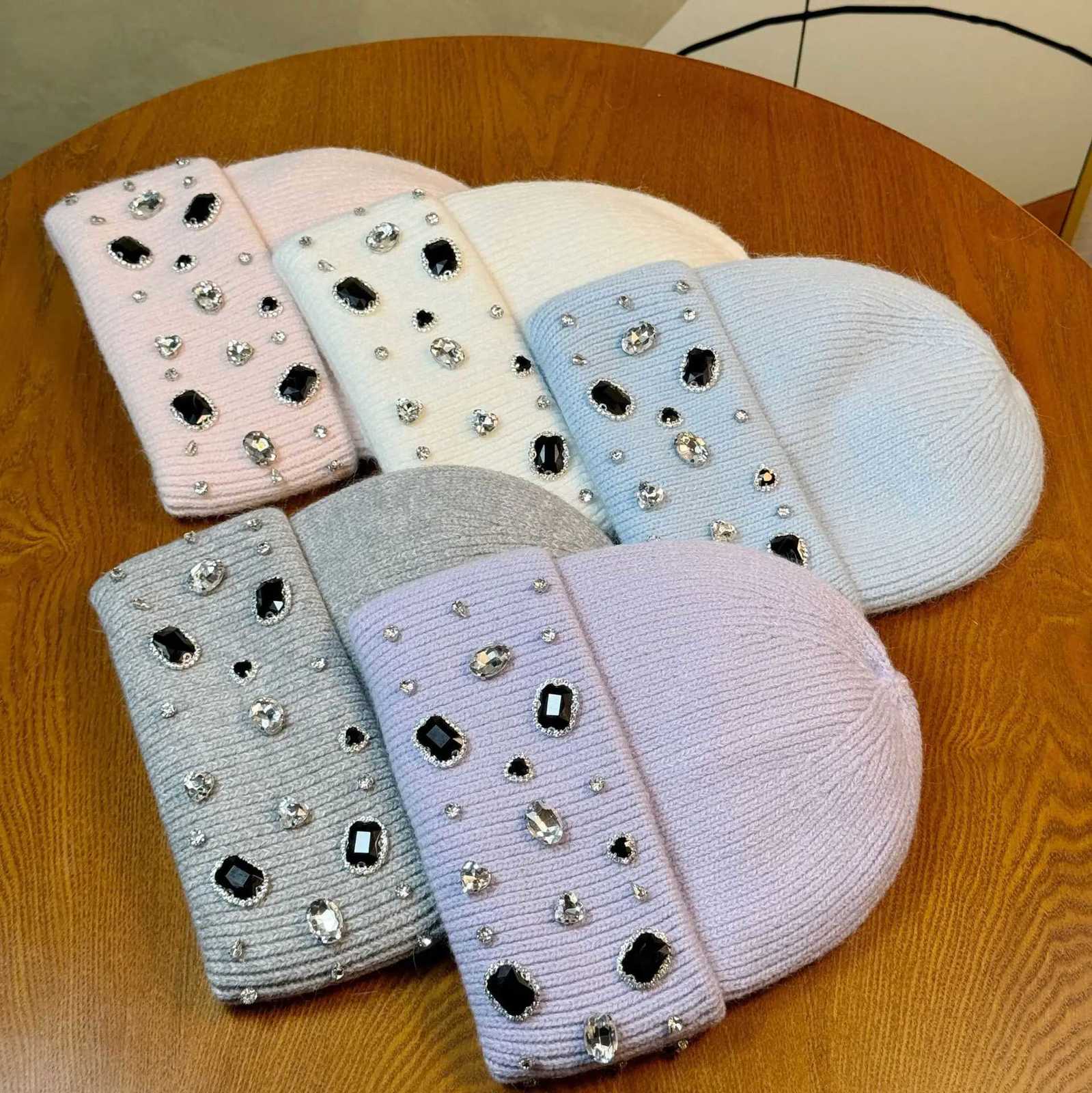 Beanie/Skull Caps Women's Autumn and Winter Rabbit Hair Knitted Hat Lady Warm Thick Beanie Cap Fashion Rhineston Solid Casual Knitted HatT26101