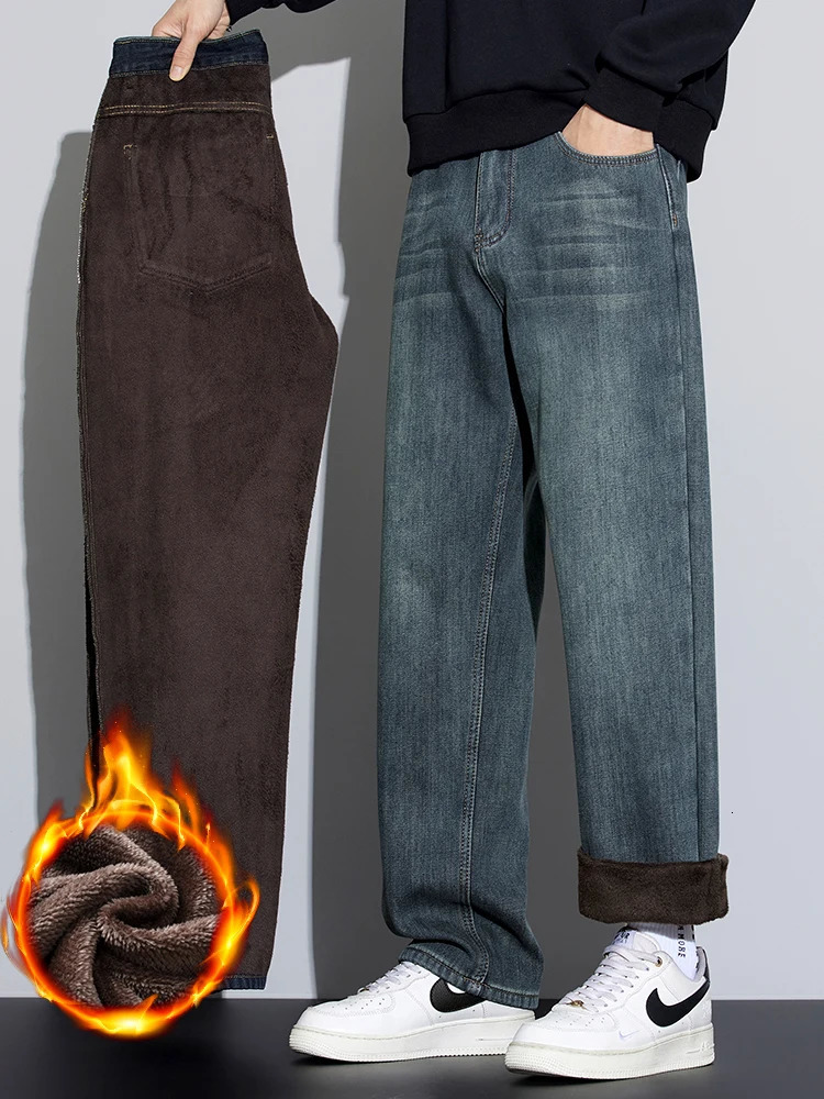 Winter Men's Fleece Jeans Thicken Warm Loose Straight Retro Wash Denim Pants Velvet Trousers Fashion Korean Streetwear 261016