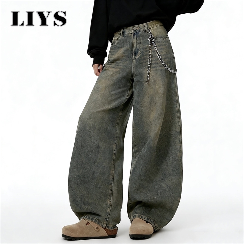 LIYS American Retro Baggy Wide Leg Jeans Men's Streetwear Distressed Y2K Clothing Casual Daily Four Pants Unisex 261016