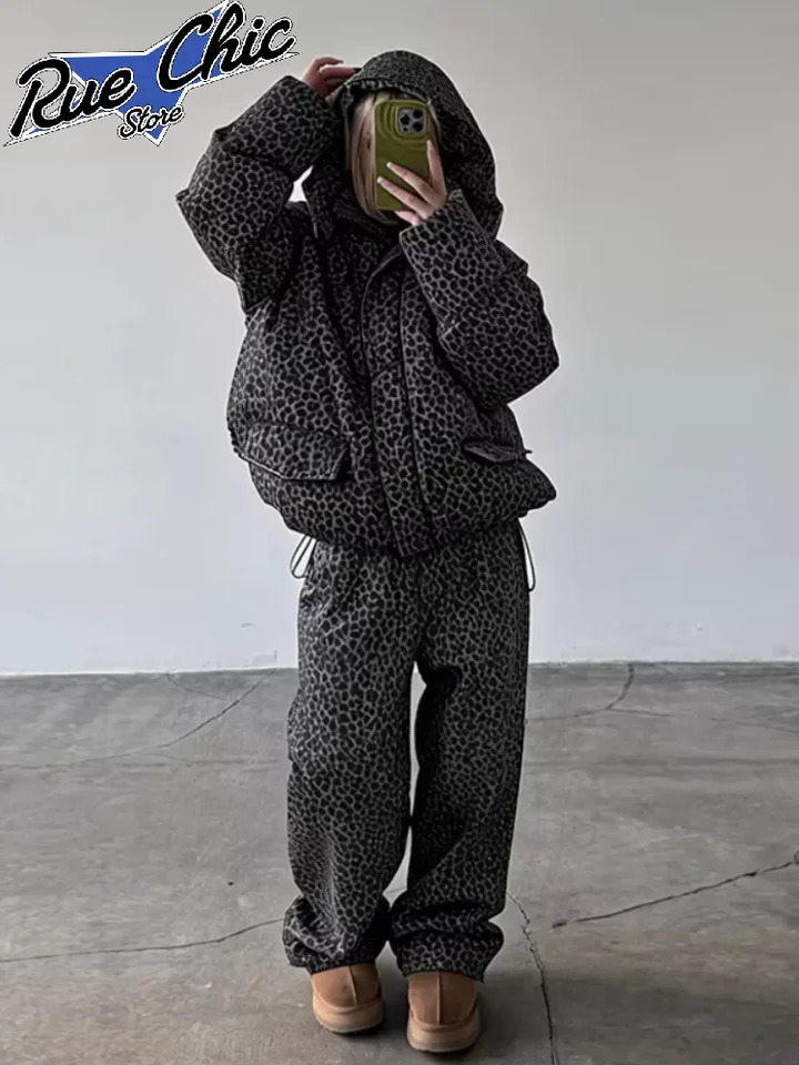 Women Leopard Print Cotton Jacket 2piece Set Chic Hooded Zip Loose Coat Elastic Waist Long Pants Lady Winter Chic Street Coats 261016
