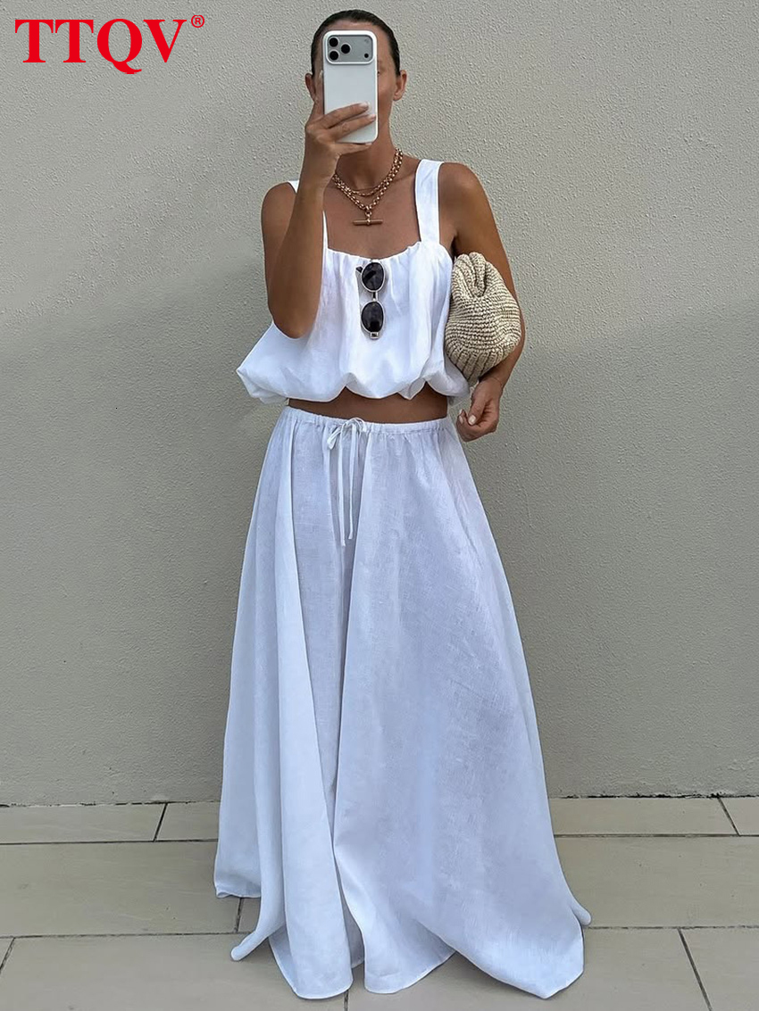 Summer Loose White Cotton 2 Piece Woman 2026 Fashion Sleeveless Tank Top With High Waist Maxi Skirt Set Female
