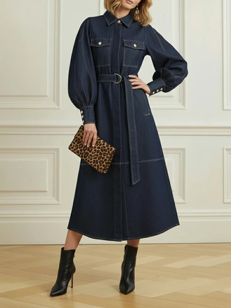 2026 Spring Denim Dress for Women Notch Collar Puff Sleeves Belted Aline Pleated Midi Casual Dresses 261015
