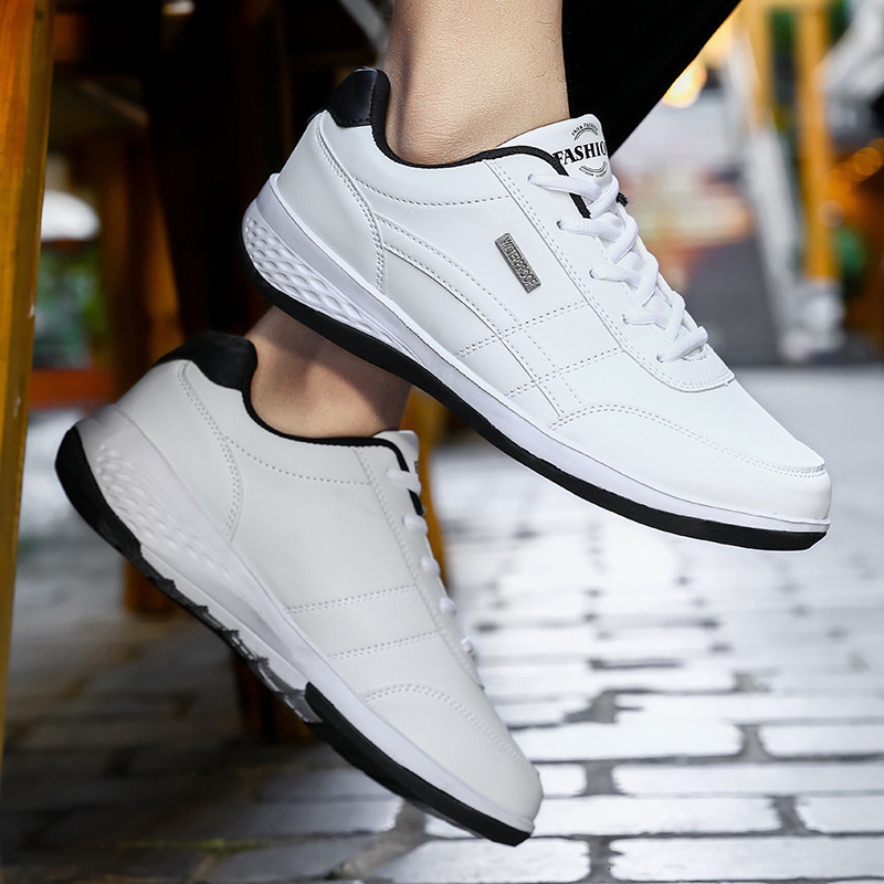 Men White Leather Casual Sneakers Lace Up Breathable Flat Shoes Non Slip Lightweight Daily Walking Sports Shoe