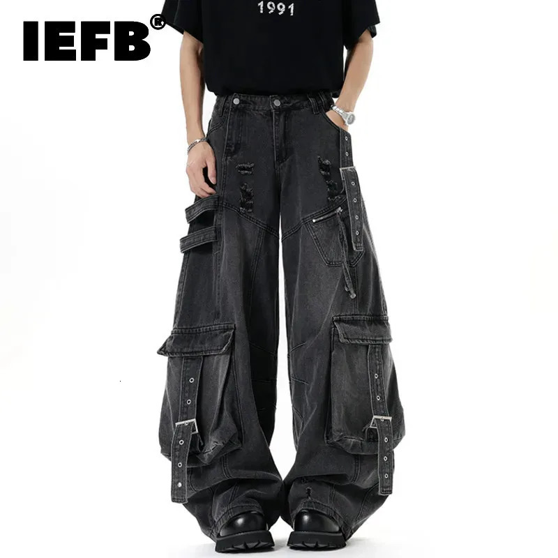 IEFB American Style Mens Jeans Solid Color Multi Pockets Casual Wornout Trousers Deconstruction Wide Leg Denim Pants 9W4066 261016