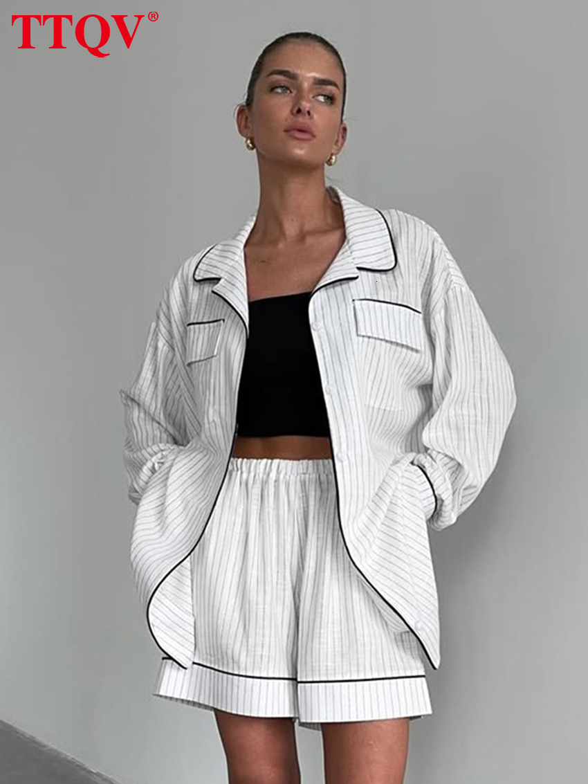2026 Fashion Loose White Stripe Women's 2-Piece Sets 2027 Elegant Long Sleeve Blouse With High Waist Shorts Set Female Clothing