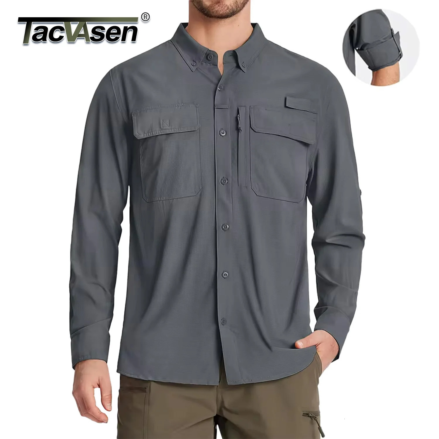 TACVASEN UPF 50 Sun Protection Fishing Shirts Men's Quick Dry Long Sleeve Shirts Mesh Breathable Hiking Work Cargo Shirts 261015