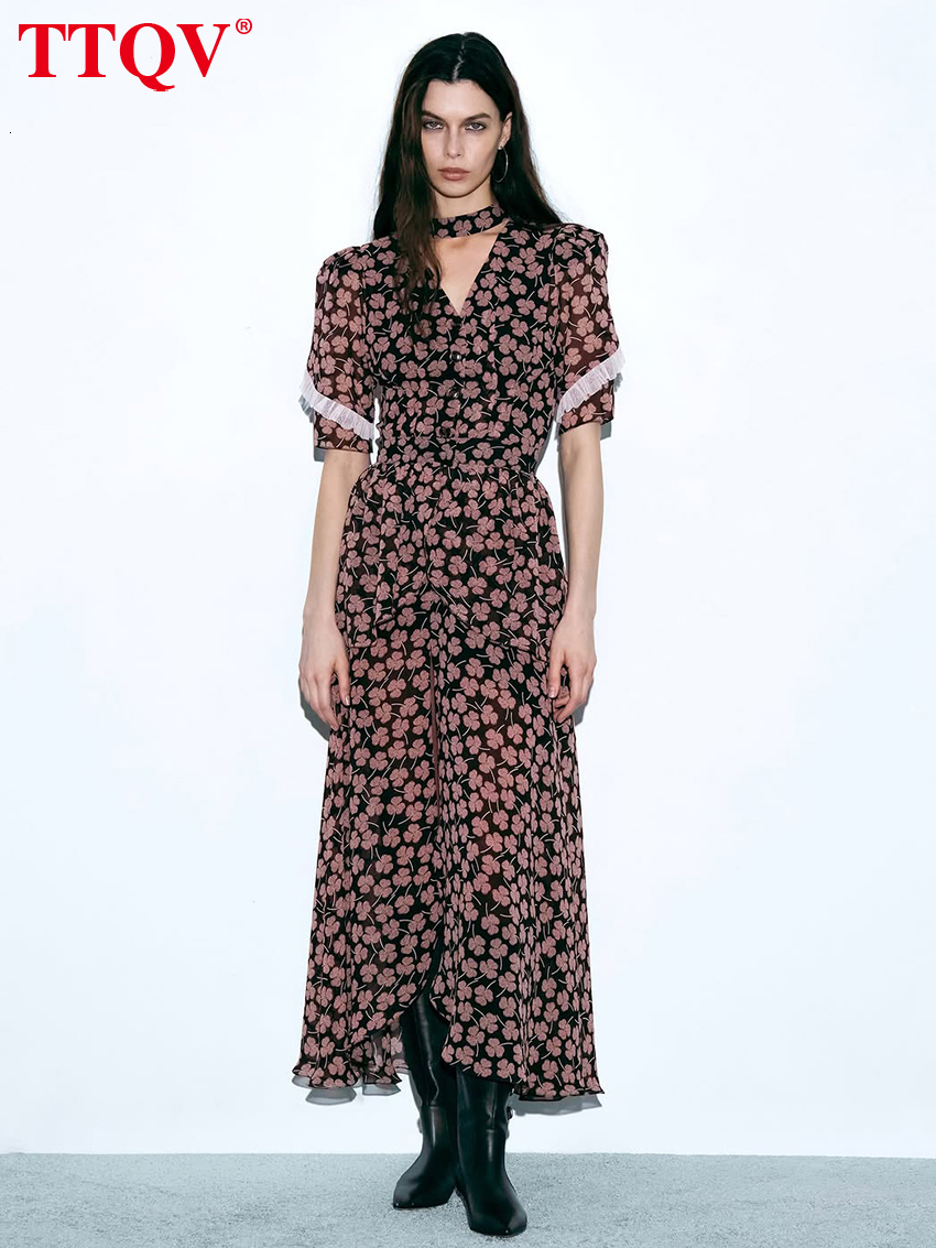 Fashion Loose Print Women's 2026 Summer V-Neck Short Sleeve Ankle Length Dresses Elegant Classic Slit Female Dress