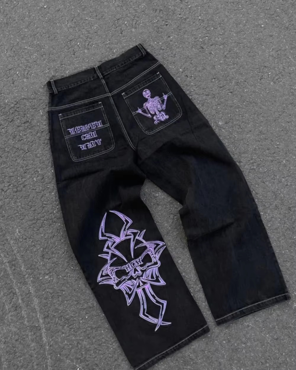 Y2k Jeans Mens Hip Hop Retro Skull Embroidery Washed Baggy Denim Pants New Straight Casual Loose Wide Leg Trouser Streetwear