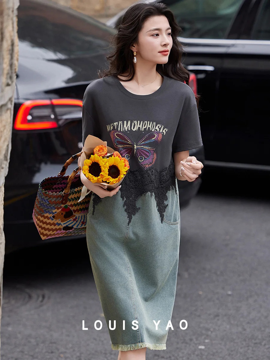 LOUIS YAO Summer Long Dress 2025 LacePatchwork Denim Butterfly Pattern Printed Short Sleeve Women's Loose 261015