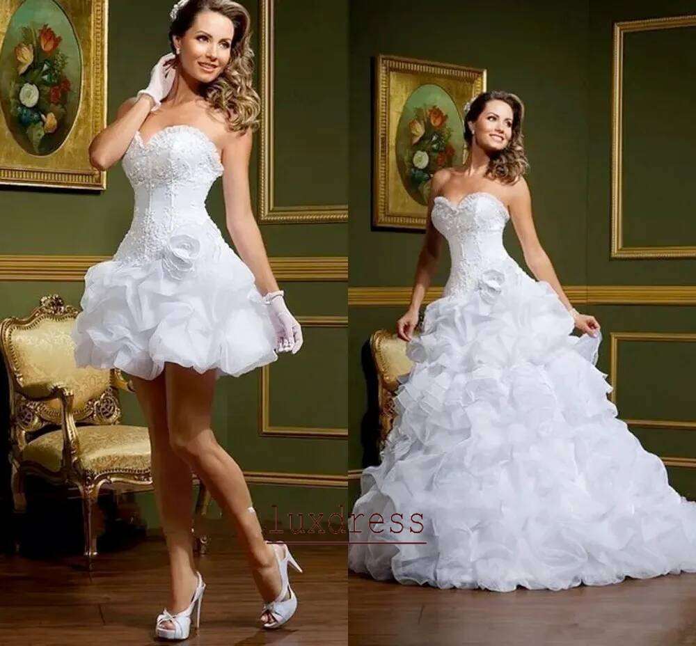 Vintage White Ruched Organza Wedding Dress With Detachable Skirt Lace Appliques Sweetheart Plus Size Princess Bridal Gowns Sleeveless Bride Dresses