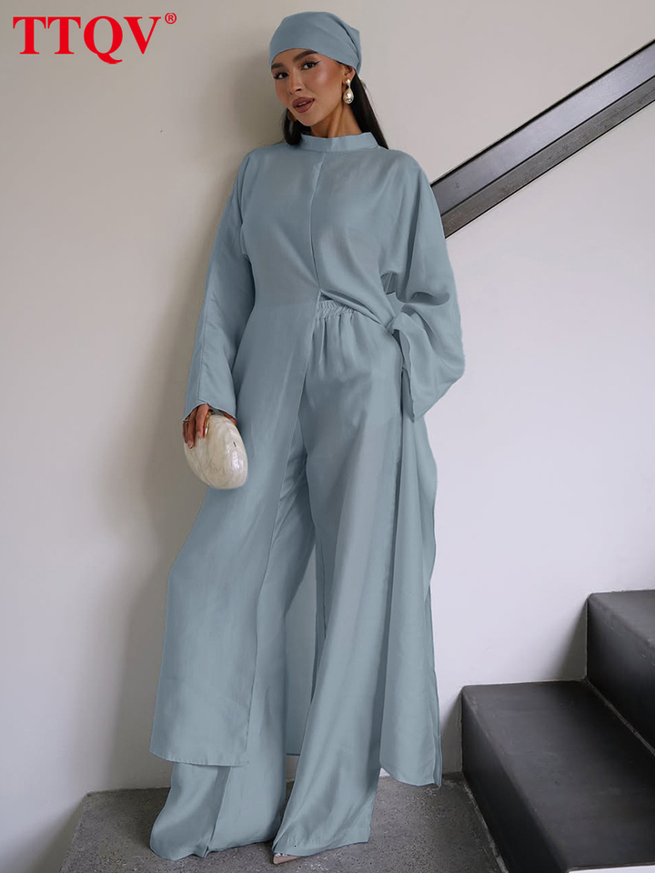 2026 Fashion Loose Blue Women's 2-Piece Sets 2027 Elegant Long Sleeve Shirt + Scarf With High Waist Wide Pants Set Female