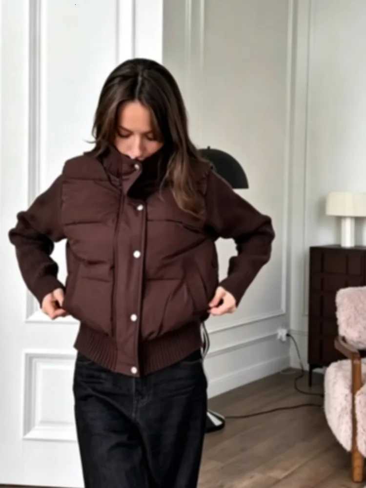 Women's Down Parkas Women Black Knit Sleeve Spliced Puffer Jacket Stand Collar Zip Up Cropped Quilted Coat 2026 Winter Casual Female Street Clo
